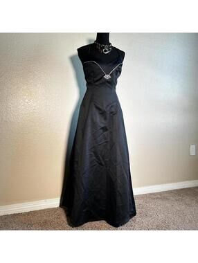 Vintage 90s Jessica McClintock Black Satin Rhinestone Formal Gown Prom Dress